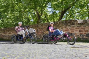 Komfort-Sesselrad Delta tx: In der Ausführung Obenlenker mit Kardangelenk wird das Ein- und Aussteigen leicht gemacht. Daneben stellt HP VELOTECHNIK auch einen Vorderradgepäckträger als Neuheit für das Trike vor sowie die abschließbare Gepäckbox. Bilder:HP VELOTECHNIK