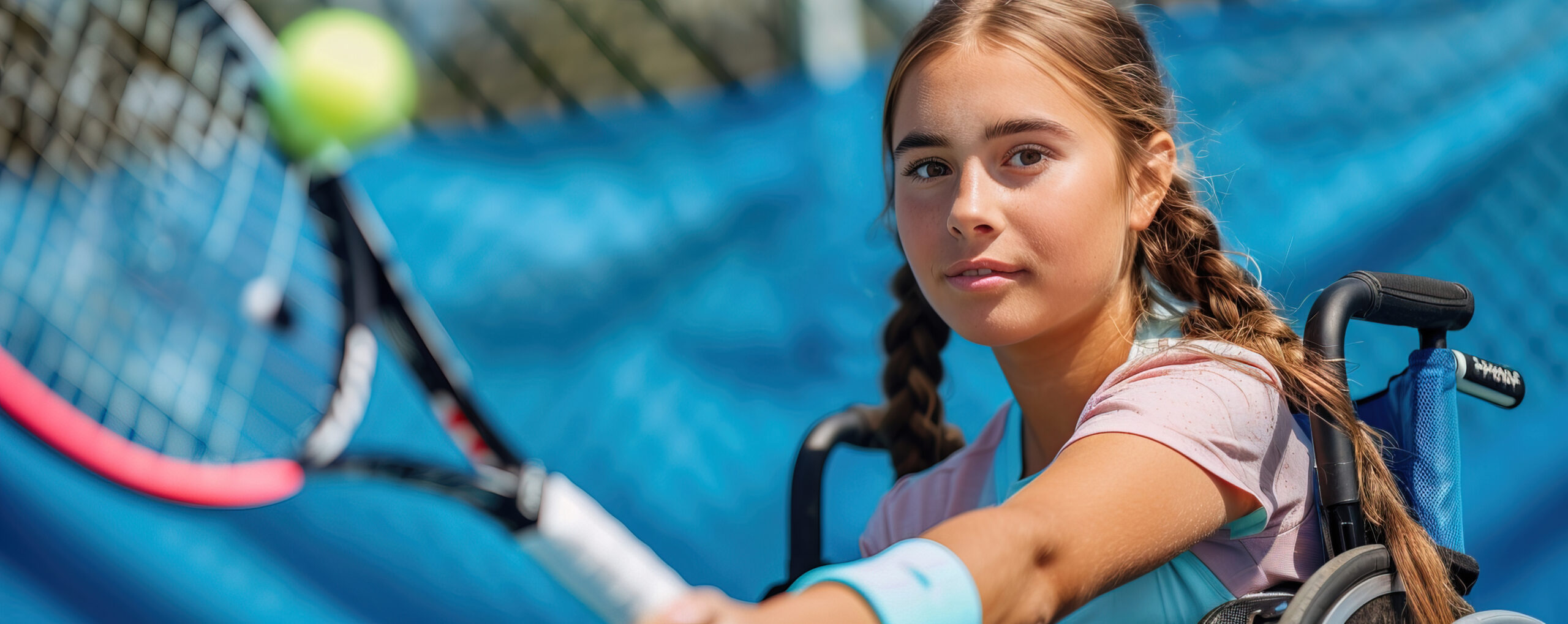 Ein Mädchen im Rollstuhl spielt Tennis auf einem barrierefreien Platz. Eine Halbtotale die ihre Geschicklichkeit und so Anpassungsfähigkeit sowie Inklusion im Sport veranschaulicht. Foto: magnific.com